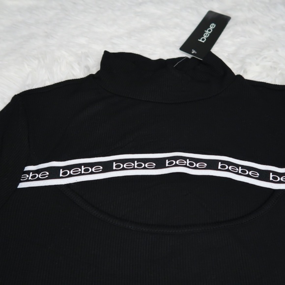Bebe Black Long Sleeve Mock Neck Slit Tapered Logo NWT - Picture 4 of 9